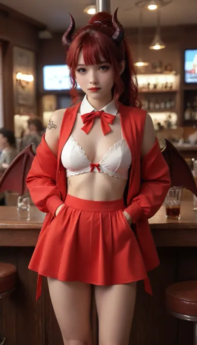 Naked dragon girl, half-dragon human, anthropomorphic creature, long red curly hair, purple eyes, standing in a strip bar near a pole, nonova lights, bright colors, high image quality, fine detail, 4K image quality, 千早, Chihaya, miko, ral-smoldragons, mcdgirlfriend, ponytail, red, jacket, collared, shirt, bow, skirt, womb, tattoo, on, stomach, breasts, demon, wings, horns, lingerie, <lora:Chihaya-XL_v001:.8>, <lora:ral-smoldragons-sdxl:1.2>, <lora:Zhao190-P3v1-NbVp10:1>, <lora:yorumac_girlfriend_xl:.8>, <lora:womb_tattoo_v6_SDXL:1.6>