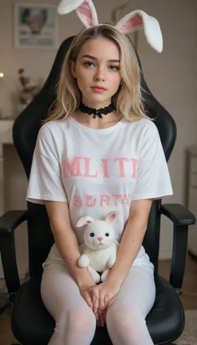 Ultra-realistic full shot of a young, cute, and innocent-looking girl with long, wavy platinum blonde hair with a middle part. She has a delicate face with prominent freckles on her nose and cheeks, big dark eyes with defined eyeliner, and plump, slightly parted lips. She's wearing a fitted light pink t-shirt with a subtle graphic print, white leggings, and a black lace choker. Her hands are clasped around her knees as she sits curled up in a pink and white gaming chair with bunny ears and a bow. In the background, a large Hello Kitty plushie is visible, and the overall setting is a bright, cozy, and pastel-themed room with soft, diffused daylight. High detail, 8k, photorealistic, soft lighting, sharp focus on the girl, dreamlike aesthetic.
