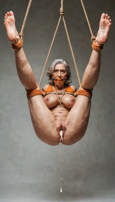 Gilf with a handsome guy., ((A beautiful, mature woman, bound by ropes, suspended above the ground with her feet in the air and a orange gag in her mouth, looks at the camera with wide, frightened eyes.)), bondage, open large pussy full or cum, cum dripping, Hanging, big breasts, 3/4 view
