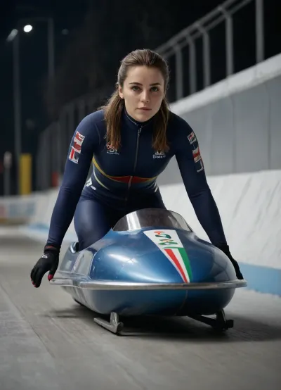 ((hyperrealistic)), ((full body view)), woman 20-years old, bobsleigh driver during Italian Olympic Winter games