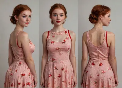 ASSIGNMENT, Create an award-winning model sheet of a beautiful cute 18-year-old ginger woman in a gorgeous sleeveless fitted red cotton prom dress, BREAK.

CLOTHING, gorgeous sleeveless fitted red cotton prom dress, pearl necklace, pearl stud earrings, BREAK.

BODY, beautiful 18-year-old woman, short, creamy pale skin, lots of freckles especially below eyes and on chest, lots of prominent freckles, pixie-ish, slender, very busty, medium natural breasts, D cup, natural breasts, detailed natural breasts, very hairy bush, ginger bush, firm ass, detailed realistic skin with pores and hair follicles, perfect hands, handslora, BREAK.

FACE, adorable beautiful 18-year-old coed, (detailed youthful cute pixie-ish heart-shaped face), (beautiful, welcoming smile), (mischievous green eyes), (pert nose), (light makeup and red lipstick), (pale skin), (lots of prominent freckles), big expressive eyes, long eyelashes, eye contact, BREAK.

HAIR, bright orange-red hair, ginger hair, hair up in tight French up-do, detailed hair, BREAK.

LOCATION, neutral background, BREAK.

POSE, standing, multiple views of the same character, model sheet, (front view, side view, rear view), BREAK.

AESTHETIC, score_9, score_8_up, score_7_up, solo, cinematic, 8K, hyper realistic, sexy as hell, BREAK.

TEMPLATES, but, freckles, luisap, birth, mark, <lora:MJ52:2>, <lora:add-detail-xl:2>, <lora:BUT_SDXL_SHS:1.3>, <lora:LPFRECKLES_lora:.5>, braless, Wearing, clothes, that, make, sense, with, Braless>, <lora:bralessSDXL_v1_00022:.8>