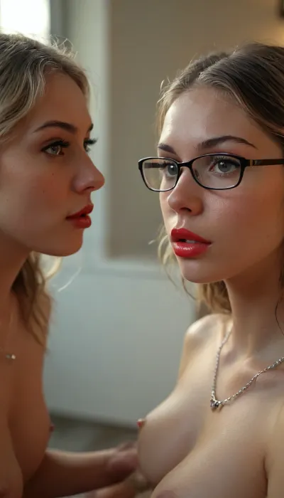 Photorealistic cinematic shot, ultra-high-definition 8K, UHD, sharp focus, natural lighting, college dorm room, lesbian experience, Two young women, one is an 19-year-old Russian girl, blonde, shoulder-length hair, black hair, silver hair, big eyes, necklace, sneakers, natural smooth skin, wet with moisture, completely nude, hourglass figure, big breasts, no makeup. The other is a 20-year-old Latina woman, dressed in high heels, long brunette hair, glasses, big perfect tits, elegant necklace and earrings, red lipstick, seductive make-up. Both are engaged in, (mutual masturbation:1.6), intense sexual tension, erotic expressions, orgasmic faces, wet pussy, high heels visible, cinematic framing from side angle, bottom-up perspective, photorealistic detail, realistic materials, natural environment, luxury interior, ambient light from balcony, wind movement, realistic fabric, emotional intimacy, cfnf style, masterpiece, fine detail, best quality, no filters, natural textures, authentic realism., (fingering:1.4), (eye rolling orgasm:1.7), (quivering:1.2), (moaning:1.6), (cunnilingus:1.6), <lora:MJ52:1.2>, <lora:Perfect_Eyes:1.2>