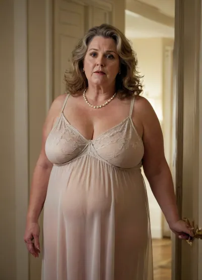 60 year old woman, ((obese)), permed hair, ((((())))), ((), standing in bedroom doorway, sheer nightdress, (cleavage)), low hanging pearl necklace