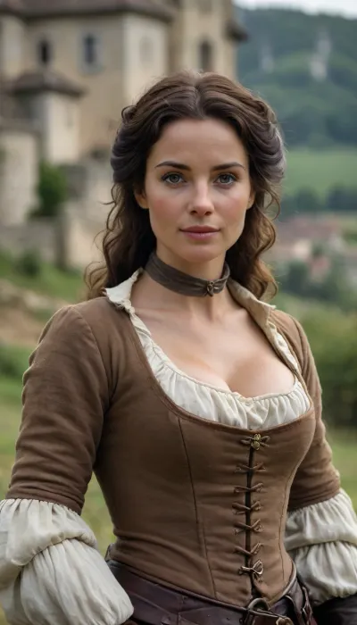 (a 40 yo female frensh musketeer), typical movie musketeer Outfit, opened stand-up collar, looking at viewer, strong Charisma, same eye shap and size, iris, pupils, highly detailed face with special facial features, dimples, pores, opened blouse, natural medium breasts, midriff visible, medieval scenery, <lora:style_lora_realis:.8>