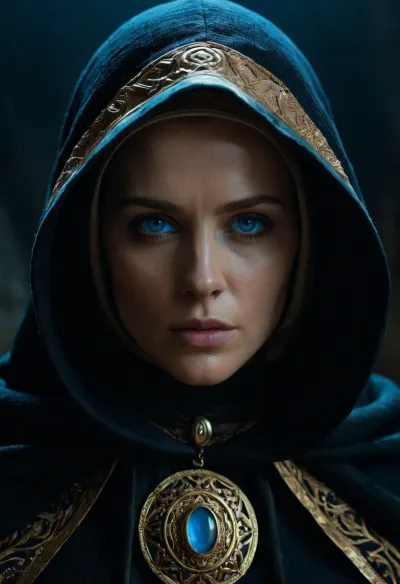 Hyperrealistic in 8K. Bene Gesserit close-up illuminated by night light, (wearing a thick black linen robe with a textured hood), . She wears minimalist jewelry, (bright blue eyes, ultra-detailed:1.4), cinematic with color grading and strong contrast between light and shadow. Ultra-detailed, high quality, ultra-sharp, blue eyes, <lora:Glisten-000005:.8>, <lora:dark:.8>