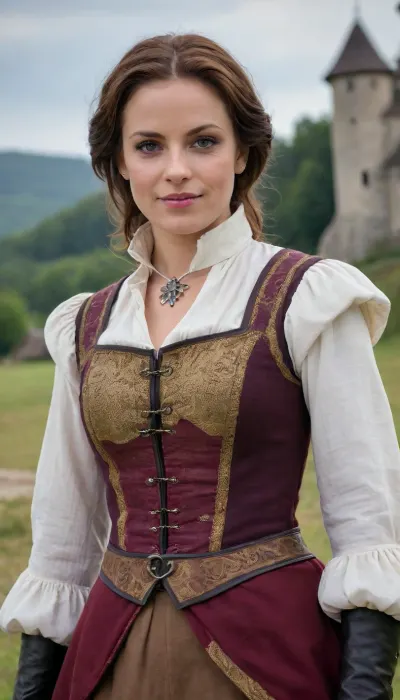 (a 40 yo female frensh musketeer), typical movie musketeer Outfit, opened stand-up collar, looking at viewer, strong Charisma, same eye shap and size, iris, pupils, highly detailed face with special facial features, dimples, pores, opened blouse, natural medium breasts, midriff visible, medieval scenery, bukkake, cum, <lora:MS_Real_XL_Bukkake:.3>