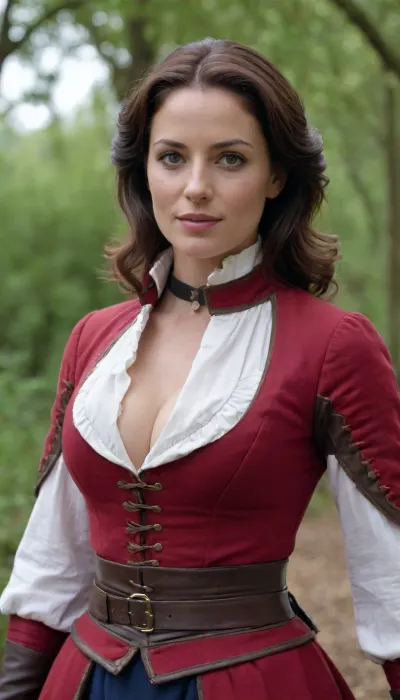 (a 40 yo female frensh musketeer), typical movie musketeer Outfit, opened stand-up collar, looking at viewer, strong Charisma, same eye shap and size, iris, pupils, highly detailed face with special facial features, dimples, pores, opened blouse, natural medium breasts, midriff visible