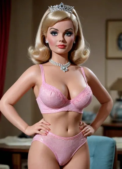 lady penelope type woman, plasic doll skin, large east west breasts, from 1960 thunderbirds tv show, wearing sexy lingerie, full body image