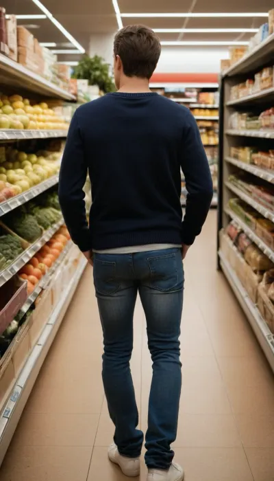 Insanely detailed photo of a 25-year-old fit boy, average looking, seen in a supermarket, slim body, full body view, jumper, loose jeans, standing, seen from behind, sexy, beautiful, silent smile, the scenery is within a supermarket, focus is on the boy, suggestive expression, erotic mood, <lora:FaceAndCockV2:.8>