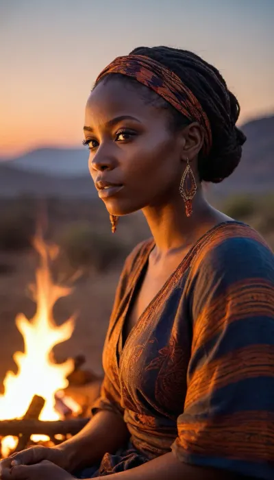 An African woman seated beside a glowing night fire, her face softly illuminated by warm embers against the deep blue-black of the night. Traditional patterned fabrics drape around her, catching flickers of orange light. Her expression is calm, introspective, and dignified, eyes reflecting the flames. Smoke curls upward into a star-filled sky, while the surrounding landscape fades into shadow. Cinematic lighting, rich earthy tones, high detail, intimate atmosphere, realistic texture, shallow depth of field.