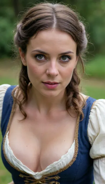 a 40 yo female frensh musketeer in fight with viewer, same eye shap and size, iris, pupils, highly detailed face with special facial features, dimples, pores, opened blouse, medium breasts, midriff visible