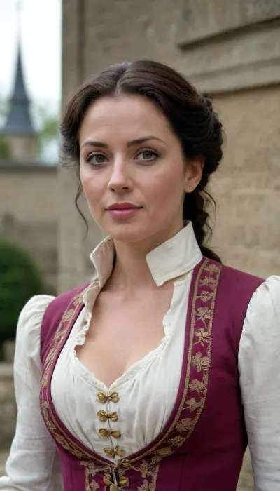 (a 40 yo female frensh musketeer), typical movie Outfit, stand-up collar, looking at viewer, strong Charisma, same eye shap and size, iris, pupils, highly detailed face with special facial features, dimples, pores, opened blouse, natural medium breasts, midriff visible