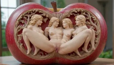 A giant apple, partially carved with openwork depicting the sexual story of Adam and Eve, with the openwork sections showing the scene of their intercourse., <lora:SDXL_Sevenof9_7th_NSFW:.8>, <lora:SquattingAnal:.8>