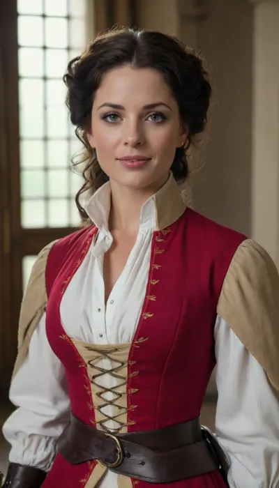 (a 40 yo female frensh musketeer), typical movie musketeer Outfit, opened stand-up collar, looking at viewer, strong Charisma, same eye shap and size, iris, pupils, highly detailed face with special facial features, dimples, pores, opened blouse, natural medium breasts, midriff visible