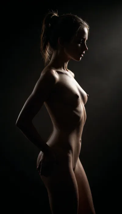 Image of a skinny woman, side view, sharp silhouette, slim body, perky breasts, taut stomach, visible abs, sexy pose, (hands behind her back), ponytail, naked. Dark background creating the impression of fog. High contrast, bright backlight, <lora:dark:.4>