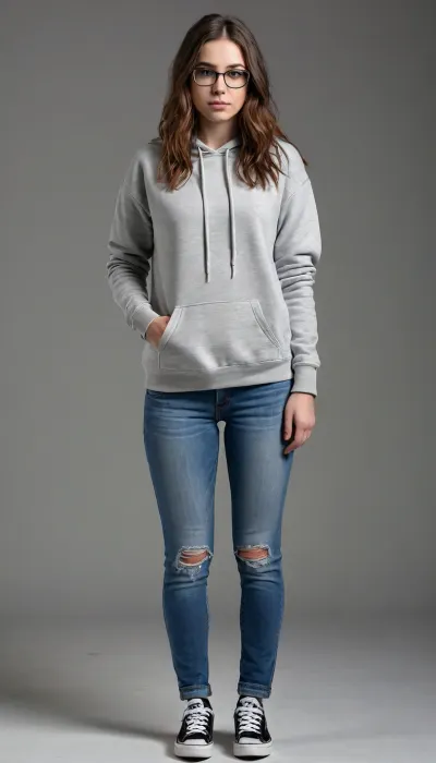 ((Full body portrait), in clean lightgrey background), ((1/1 view)), white woman slender 25-years-old, (pale skin, brunette, long messy hair, nerdy, ((wide hips:1.3), thick thighs)), short, glasses, ((big college hoodie)), jeans