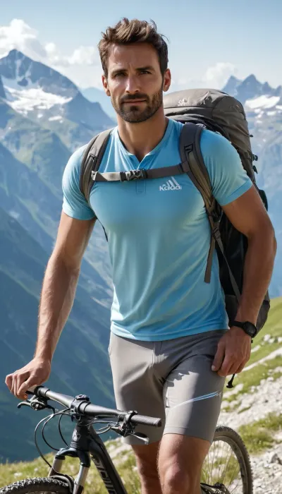 Insanely detailed and realistic foto of an athletic, average looking man, 30yo, italian-type, full body view, frontally seen, the man is mountaincyclist, fully clothed, wearing shirt and shorts and a small backpack, the man is standing, in the middle of the Alps, the man's happy feelings can be seen on his face gazing towards the viewer, focus on the man