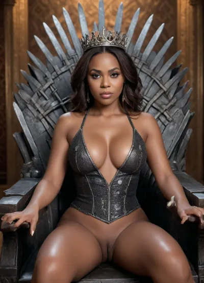 ((hyperrealism)), ((Shayla LaVeaux)), detailed face, sexy queen, cleavage, large breasts, sitting on iron throne