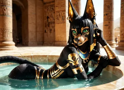egyptian goddess, sitting relaxing in a large egyptian bath, waist deep in water, obelix, (furry canine female), jackal anthro, (large green eyes), looking at viewer, egyptian jewelry, long black hair, hime cut, (((black furry body))), (totally naked), <lora:FursuitXL:.6>, (many earrings on ears), long golden nails claws, ((slim:1.4)), toned body, curvy, (her body covered with golden tattoos:1.5), biceps, (large quads:1.4), (wide hips), (flat ass), (medium breasts), (erect nipples:.6), <lora:TLS:.8>, side view, (smiling), teeth