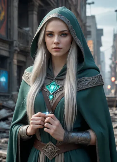 A distant view of a beautiful elven woman standing in a ruined Fallout style city. She has long flowing silver hair, glowing emerald eyes, delicate facial features with high cheekbones, sharp jawline, pale luminous skin, thin lips and slightly pointed ears. She wears authentic elven clothing made of layered dark fabric, a long hooded cloak with embroidery and subtle metallic ornaments, belts with pouches, and mystical runes glowing faintly on the cloth. In her hands she holds a glowing energy bow shining with soft blue light. The background shows collapsed skyscrs with broken neon signs, cracked asphalt streets filled with rubble, distant glowing clouds of radiation above the skyline, and faint ruins fading into haze. The mood is epic and tense, the atmosphere cinematic. ultra-detailed, hyper-realistic, 8k, photorealism, masterpiece, sharp focus, movie style lighting, epic lighting, fine details, volumetric light, concept design, high dynamic range, post-collapse world, fantasy crossover, realistic textures, trending digital artwork