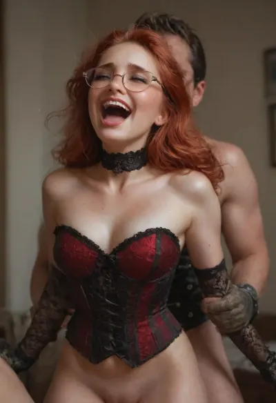 25 year old British woman, (beautiful_British_woman), ((having rough standing sex)), detailed face, cute, happy, orgasmic, (moaning), closed eyes, open mouth from pleasure, long red hair, (wearing glasses with a thin frame), corset, choker, nylon gloves, stockings, lingerie, ((on stage, behind a curtain)), no panties, ((wet pussy)), ((enjoying a dick in her pussy)), pressed against the wall, (((creampie, pussy, cum, in, cumdrip)))