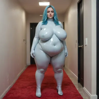 Full-body latex catsuit, (open crotch), light blue catsuit, light blue latex gloves, hotel corridor, (black walls, red carpet), low light, white obese BBW, green gray eyes, (detailed eyes), huge natural boobs, (no scars on boobs), round belly, huge fat ass, (long legs:1.1), (big belly:1), long blue hair, shaved pubic hair, (huge ass:1.1), (gigantic sagging floppy breasts:1)