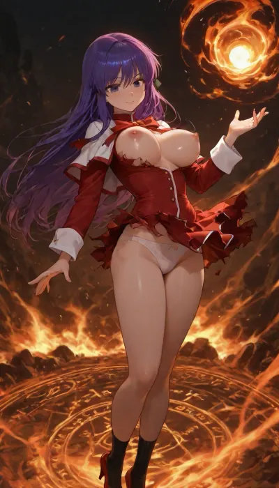 1woman, beautiful smile face, kanase, kanon, charactor, pink nipples, looking her breast of D-cups, (bouncing breasts:1.12), slim, (slim legs), (slim thigh), (small ass), slip down nobility long dress, (her clothes is tattered torn:1.2), (her clothes jagged and ripped:1.28), (her clothes charred:1.13), flying on big magic circle, very long straight hair on her ass, white panty, red highheels, lift up skirt by wind, upwind, battlefield of magic, fireball, fire magic, staring at me, anime, <lora:checkpoint-e36_s828:1.2>