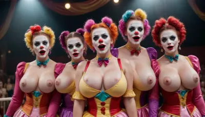 a circus arena is filled with 8 beautiful young female clowns doing various jokes and acrobatic entertainment, all of them has enormously large huge breasts, cutout, clothing, nipples, <lora:2BoutOvalSDXL2-000002:.8>, large, breasts, big, boobs, huge, tits, <lora:bombshell_v2:.8>