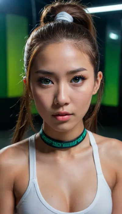 Close up of face. 24 year old, skinny, large breast, realistic face, pronounced, high, angular, cheekbones, (asian woman), athletic body, leather choker, modern anime style, (single extra long high ponytail), the ponytail extends to her lower back, no bangs., (her eyes are green-blue color), . wearing a pure white sports bra and panties. She is kneeling on her floor in the dark, dark nighttime background, green, eyes, blue, brown, perfecteyes, <lora:PerfectEyesXL:.8>, <lora:add-detail-xl:.8>