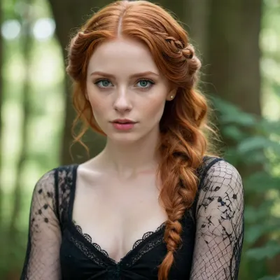 Stunning portrait of a beautiful redhead with intricate braided hair and mesmerizing green eyes. Her fair skin is adorned with delicate freckles, and she's wearing vintage-inspired jewelry and a lace-trimmed black dress. The soft, wavy hair cascades down her back, creating a romantic, ethereal vibe. classic beauty, fantasy allure, /©KlTTY-ART/