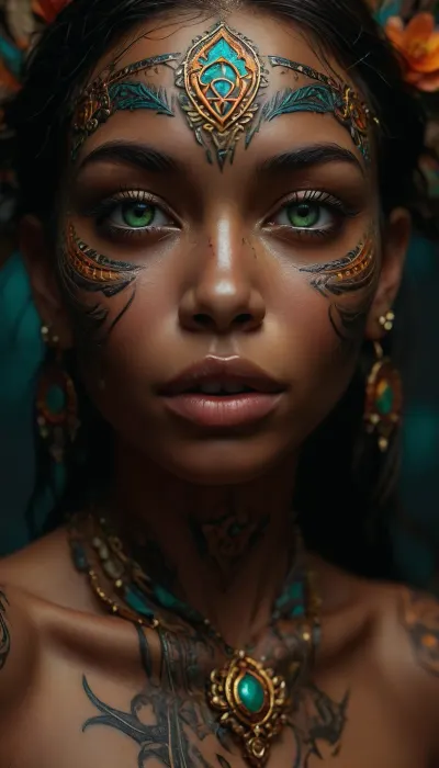 A 25 year old adult woman with dark skin is captured in an extreme close up of her face, every detail rendered in exquisite precision, her striking green eyes gleam with life, each eyelash and individual hair of her symmetrical eyebrows is perfectly defined, her nose is softly curved, and a siren-like smile graces her lips, revealing perfect teeth, her skin is smooth and radiant, (adorned with highly detailed tribal face tattoos in vibrant colors:1.4), tastefully embellishing her cheeks and forehead, (a slender bone adorns her nose:1.3), piercing through the center, a tribal bone piece extending delicately across, the dark background contrasts with her radiance, every subtle highlight from her iris to each tattoo line is captured in ultra high resolution, and her siren smile draws you in, framed by this intricate bone jewelry, creating a hyper realistic, photorealistic portrait, (maximum detail:1.5), (super realistic photo:1.4), <lora:detailed_notrigger:2>, <lora:MJ52:2>, <lora:SDXLFaeTastic2400:2>