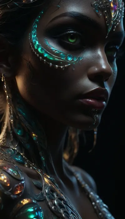 A 25 year old woman with dark skin is captured in an extreme close up of her face, every detail rendered in exquisite precision, her striking green eyes gleam with life, each eyelash and individual hair of her symmetrical eyebrows is perfectly defined, her nose is softly curved, and a siren-like smile graces her lips, revealing perfect teeth, her skin is smooth and radiant, (adorned with highly detailed tribal face tattoos in vibrant colors:1.4), tastefully embellishing her cheeks and forehead, (a slender bone adorns her nose:1.3), piercing through the center, a tribal bone piece extending delicately across, the dark background contrasts with her radiance, every subtle highlight from her iris to each tattoo line is captured in ultra high resolution, and her siren smile draws you in, framed by this intricate bone jewelry, (perfect nipples:1.2), creating a hyper realistic, photorealistic portrait, (maximum detail:1.5), (super realistic photo:1.4), (close up of kissing penis tip:1.3), huge perfect hight detailed half erected penis after sex, dripping cum in backlight, texture, photorealistic, detailed, penis, perfect penis, (UHD 8K quality:1.5), (maximum detail), DonMSp3ctr4lXL, holotech, <lora:DonMSp3ctr4lXL-000008:1.6>, <lora:dark:.9>, <lora:detailed_notrigger:1.9>, <lora:Holotech:1.8>, <lora:SDXLFaeTastic2400:1.8>