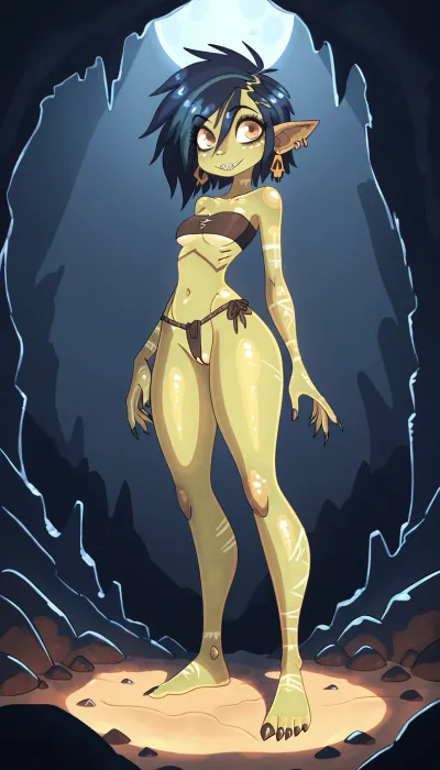 (Jack cayless art style), (female goblin:1.0999999999), (beautiful female, (adult:1.11111)), (tall lanky build, broad shoulders:1.18888888), (muscular arms:.2222222), (muscular legs:.1111), (lime green skin:1.06666), (big voluminous dark indigo hair:1.22222), (red eyes:.777), (evil face), (sharp teeths:1.188888888), (small cute feminine hands:1), (nails and toenails are tiny sharp claws:1.2222), (short claws), (long prominent toes), (detailed feet), (monster feet:.08888), (bones, skulls, trasure:1.2777), small_breasts, (bandeau top tied in center), (bow in center of bandeau top:1.111), (underboob:1.11111), ((tiny scrap of loin cloth), scrap barely long enough to cover pussy, (scrap fails to completely conceal pussy:.1666)), big cave, massive chasm, deep dark cave, (lit by torches, and glowing mushrooms and lamps, various underground houses and buildings, minecart rails, etc:.4444), view from side, view from behind, interesting angle, interesting perspective, close, intimate lighting, detailed sharp shadows, (contrast between darkness and light:.4777), yours truly, Astrid Ivy ♡, <lora:princess_xl_v2:.4444>, <lora:DetailedEyes_V3:1.666>, <lora:Rendered Environments  SDXL v1.0:.88888888>, <lora:add-detail-xl:1.88888888>