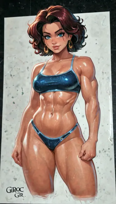 #NUDEWOMANMUSCLEBEAUTY, powerful athletic adult female bodybuilder physique, strong defined muscles, Funny cartoon art, melkor mancin, reiq art, siroc art