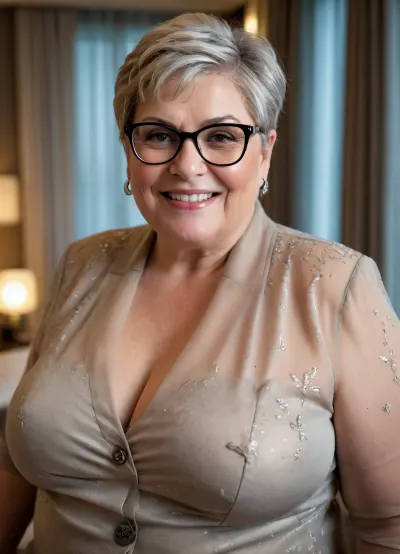 70 year old obese woman, suit, sheer top, cleavage, pixie cut, sheer trousers, hotel room, oversized horn rim glasses, soft lighting, smile, makeup