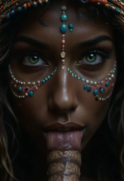 A 25 year old single woman with dark skin is captured in an extreme close up of her face, every detail rendered in exquisite precision, her striking green eyes gleam with life, each eyelash and individual hair of her symmetrical eyebrows is perfectly defined, her nose is softly curved, and a siren-like smile graces her lips, revealing perfect teeth, her skin is smooth and radiant, (adorned with highly detailed tribal face tattoos in vibrant colors:1.4), tastefully embellishing her cheeks and forehead, (a slender bone adorns her nose:1.3), piercing through the center, a tribal bone piece extending delicately across, the dark background contrasts with her radiance, every subtle highlight from her iris to each tattoo line is captured in ultra high resolution, and her siren smile draws you in, framed by this intricate bone jewelry, (perfect tongue tip:1.2), (close up of ejaculating a penis tip:1.3), dripping cum in backlight, creating a hyper realistic, photorealistic close view, (maximum detail:1.5), (super realistic photo:1.4), texture, photorealistic, <lora:Picture_enhancer:.6>, <lora:Super_Eye_Detailer_By_Stable_Yogi_SDPD0:.3>, <lora:BUT_SDXL_SHS:.6>, <lora:DetailedEyes_V3:.3>, <lora:dark:.4>