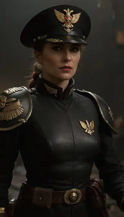 Female Commissar from Warhammer 40, 000, wearing a dark military uniform with imperial insignia, stern and commanding expression, futuristic dystopian war environment, detailed armor, dramatic lighting, gritty and realistic style, astra, militarum, <lora:astra_militarum_xl_v1:.8>, lasgun, <lora:lasgunXLLoRAv1:.8>