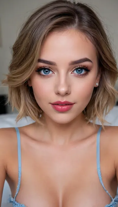 facing viewer, female luxury e-girl model seductive sorority girl, onlyfans babe porn-model, seductive horny eyes, seductive horny snile, very pretty young babe 18 y.o., my badroom, short, (seductive hair), (elegant hairstyle), beautiful blue eyes, look at me, puckered lips, sexy big lips, smile, alluring yet dangerous, dark sapphic glamour, look at my eyes, dramatic lighting., close_up_detailed_shot_of1, <lora:close_up_detailed_shot_of1:1.4>
