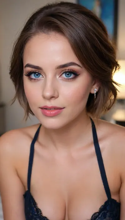 facing viewer, female luxury e-girl model seductive sorority girl, onlyfans babe porn-model, seductive horny eyes, seductive horny snile, very pretty young babe 18 y.o., my badroom, short, (seductive hair), (elegant hairstyle), beautiful blue eyes, look at me, sexy big lips, smile, alluring yet dangerous, dark sapphic glamour, look at my eyes, dramatic lighting., close_up_detailed_shot_of1, <lora:close_up_detailed_shot_of1:1.4>