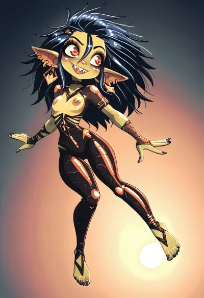 (Jack cayless art style), (female goblin:1.0999999999), (pointy ears:.4444), (beautiful woman, (adult:1.333), small_breasts), (strong build, broad shoulders:1.28888888), (muscular arms and shoulders:.7777), (muscular legs:.4777), (olive green skin:1.08888), (big wild hair, indigo), (red eyes:.9999999999999), (evil face), (sharp teeths:1.22222222), (small cute feminine hands:1.04444444), (nails and toenails are tiny sharp claws:1.4444444444), (short claws), (long prominent toes:1.04444444), (detailed feet:1.0222222), (monster feet:.06666666), (bones, skulls, bombs, trasure:1.22222), tranny goblin hottie, (horny wants to have sex), view from side, view from behind, interesting angle, interesting perspective, close intimate lighting, detailed sharp shadows, (contrast between darkness and light:.0777), yours truly, Astrid Ivy ♡, (brown nipples and dick:1.022222), (bandages:.22222222), <lora:princess_xl_v2:.55555>, <lora:DetailedEyes_V3:1.666777>, <lora:Rendered Environments  SDXL v1.0:.6666>, <lora:add-detail-xl:1.88888888>, <lora:Randommaxx_dark_offset_v1.1_lora_fp16:.888888888888>
