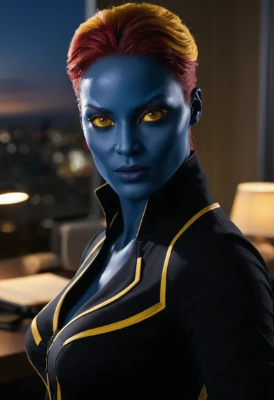 (masterpiece:1.2), best quality, super high resolution, photorealistic, (intricately detailed face:1.2), stunning portrait of Mystique from the X-Men, Marvel Comics' top spy working for the Brotherhood of Mutants, (blue skin, scale texture:1.3), (yellow eyes:1.5), (red short straight hair slicked back:1), portrait, night in an office, looking directly at the viewer with a serious expression, dim lighting, sunset view through an office window, corporate setting, sharp focus, cinematic lighting, depth of field, detailed background, subtle bokeh