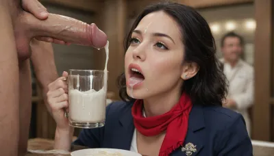 A beautiful Japanese flight attendant, with a bob haircut, 40 years old, wearing a navy blue flight attendant uniform, a wine-red scarf around her neck, and a beige flight attendant hat on her head. She's in a pub on her knees and surrounded naked by men, stroking their hard cocks. On her hand there is a glass mug, full of cum, which she's pouring from into her mouth. Her head is tilted, and her mouth is aggape, taking in the cum from the cup. There's so much, that some overflow and dribbles from her lips, dripping on her chest, soaking her blouse. She seems to be loving it., (mouth open), (glass mug full of cum:1.3), (forehead full of cum:1.1), (nose full of cum:1.1), (mouth full of cum:1.1), (lots of cum), (loads of cum), (black eyes:1.1), (black hair:1.5)