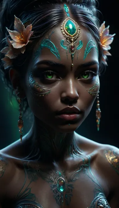 A 25 year old woman with dark skin is captured in an extreme close up of her face, every detail rendered in exquisite precision, her striking green eyes gleam with life, each eyelash and individual hair of her symmetrical eyebrows is perfectly defined, her nose is softly curved, and a siren-like smile graces her lips, revealing perfect teeth, her skin is smooth and radiant, (adorned with highly detailed tribal face tattoos in vibrant colors:1.4), tastefully embellishing her cheeks and forehead, (a slender bone adorns her nose:1.3), piercing through the center, a tribal bone piece extending delicately across, the dark background contrasts with her radiance, every subtle highlight from her iris to each tattoo line is captured in ultra high resolution, and her siren smile draws you in, framed by this intricate bone jewelry, (perfect nipples:1.2), creating a hyper realistic, photorealistic portrait, (maximum detail:1.5), (super realistic photo:1.4), (close up of kissing penis tip:1.3), huge perfect hight detailed half erected penis after sex, dripping cum in backlight, texture, photorealistic, detailed, penis, perfect penis, (UHD 8K quality:1.5), (maximum detail), DonMSp3ctr4lXL, holotech, <lora:DonMSp3ctr4lXL-000008:1.6>, <lora:dark:.9>, <lora:detailed_notrigger:1.9>, <lora:Holotech:1.8>, <lora:SDXLFaeTastic2400:1.8>