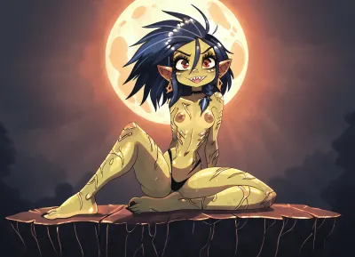 (Jack cayless art style), (female goblin:1.0999999999), (pointy ears:.4444), (beautiful woman, (adult:1.333), small_breasts), (strong build, broad shoulders:1.28888888), (muscular arms and shoulders:.7777), (muscular legs:.4777), (olive green skin:1.08888), (big wild hair, indigo), (red eyes:.9999999999999), (evil face), (sharp teeths:1.22222222), (small cute feminine hands:1.04444444), (nails and toenails are tiny sharp claws:1.4444444444), (short claws), (long prominent toes:1.04444444), (detailed feet:1.0222222), (monster feet:.06666666), (bones, skulls, bombs, trasure:1.22222), tranny goblin hottie, (horny wants to have sex), view from side, view from behind, interesting angle, interesting perspective, close intimate lighting, detailed sharp shadows, (contrast between darkness and light:.1777), yours truly, Astrid Ivy ♡, (brown nipples and dick:1.022222), (bandages:.22222222), <lora:princess_xl_v2:.55555>, <lora:DetailedEyes_V3:1.666777>, <lora:Rendered Environments  SDXL v1.0:.6666>, <lora:add-detail-xl:1.88888888>, <lora:Randommaxx_dark_offset_v1.1_lora_fp16:.888888888888>