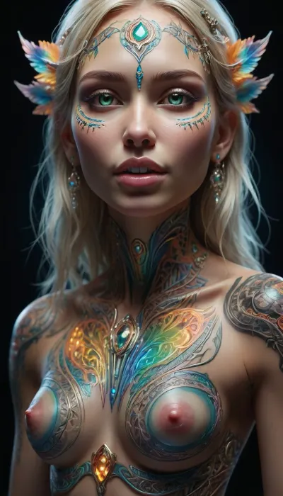 A 25 year old woman with pale skin is captured in an extreme close up of her face, every detail rendered in exquisite precision, her striking green eyes gleam with life, each eyelash and individual blonde hair of her symmetrical eyebrows is perfectly defined, her nose is softly curved, and a siren-like smile graces her lips, revealing perfect teeth, her skin is smooth and radiant, (adorned with highly detailed tribal face tattoos in vibrant colors:1.4), tastefully embellishing her cheeks and forehead, (a slender bone adorns her nose:1.3), piercing through the center, a tribal bone piece extending delicately across, the dark background contrasts with her radiance, every subtle highlight from her iris to each tattoo line is captured in ultra high resolution, and her siren smile draws you in, framed by this intricate bone jewelry, (perfect nipples:1.2), creating a hyper realistic, photorealistic portrait, (maximum detail:1.5), (super realistic photo:1.4), (close up of kissing penis tip:1.3), huge perfect hight detailed half erected penis after sex, dripping cum in backlight, texture, photorealistic, detailed, penis, perfect penis, (UHD 8K quality:1.5), (maximum detail), DonMSp3ctr4lXL, holotech, <lora:DonMSp3ctr4lXL-000008:1.6>, <lora:detailed_notrigger:1.9>, <lora:Holotech:1.8>, <lora:SDXLFaeTastic2400:1.8>