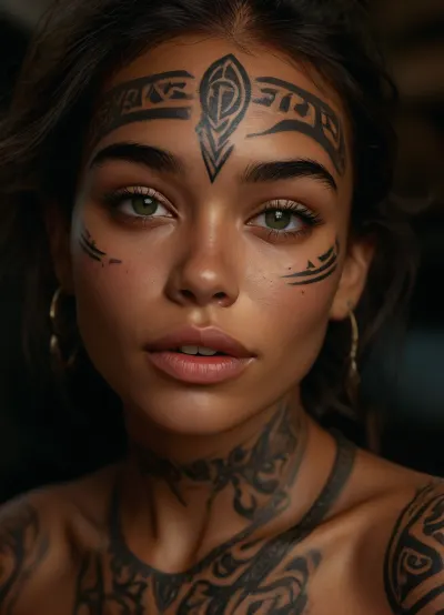 A 25 year old woman with dark skin is captured in an extreme close up of her face, every detail rendered in precision, she has striking green eyes that stand out with vivid intensity, her eyelashes are perfectly defined, her eyebrows are symmetrical and each hair is distinct, her nose is softly curved and balanced, her lips form a graceful smile like a siren’s, revealing perfect teeth, her skin is smooth and radiant, and, (on her face are beautifully detailed tribal tattoos that tastefully adorn her cheeks and forehead:1.5), (the tattoos are intricate and symmetrical:1.2), the dark background accentuates her features, every detail from her irises to each hair on her eyebrows is captured in ultra high resolution, creating a hyper realistic, photorealistic portrait, (maximum detail:1.5), (super realistic photo:1.4), <lora:detailed_notrigger:.1>, <lora:MJ52:.2>