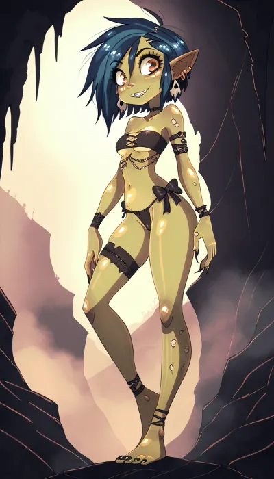 (Jack cayless art style), (female goblin:1.0999999999), (beautiful female, (adult:1.11111)), (tall lanky build, broad shoulders:1.18888888), (muscular arms:.2222222), (muscular legs:.1111), (lime green skin:1.06666), (big voluminous dark indigo hair:1.22222), (red eyes:.777), (evil face), (sharp teeths:1.188888888), (small cute feminine hands:1), (nails and toenails are tiny sharp claws:1.2222), (short claws), (long prominent toes), (detailed feet), (monster feet:.08888), (bones, skulls, trasure:1.2777), small_breasts, (bandeau top tied in center), (bow in center of bandeau top:1.111), (underboob:1.11111), ((tiny scrap of loin cloth), scrap barely long enough to cover pussy, (scrap fails to completely conceal pussy:.1666)), big cave, massive chasm, deep dark cave, (lit by torches, and glowing mushrooms and lamps, various underground houses and buildings, minecart rails, etc:.4444), view from side, view from behind, interesting angle, interesting perspective, close, intimate lighting, detailed sharp shadows, (contrast between darkness and light:.4777), yours truly, Astrid Ivy ♡, <lora:princess_xl_v2:.4444>, <lora:DetailedEyes_V3:1.666>, <lora:Rendered Environments  SDXL v1.0:.88888888>, <lora:add-detail-xl:1.88888888>