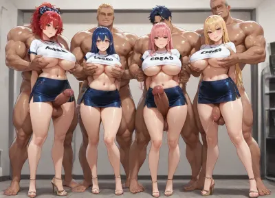 3girls and 2boys, group picture, (((3 diverse 20yo college girls in miniskirts and tied white t-shirt, exposed midriff, underboob, high heels, red hair, blue hair, pink hair, blonde hair, Asian, Latina, caucasian))), standing in front of, (((2 tall muscular naked men, standing behind, groping breasts, monster cock, normal cock, stroking cock, large cock, small cock, average cock, hard cock, cock between thighs, dripping precum))), thighjob, rubbing cocks on pussies from behind, porn set background, professional lighting, masterpiece quality