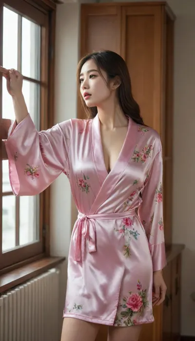21 year old, ((Beautiful Korean female model)), ((medium-length hair)), ((perfect figure)), ((huge breasts)), ((wearing a tight satin robe with floral weaves)), beautiful cute face with thin lips, no makeup, (((having a good morning stretch, arms lifted all the way up))), ((showing off her backside)), ((looking away into the window, one foot lifted up)), ((not looking at the viewer)), early morning in the kitchen, (full body view)