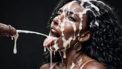 close up of a white man bound to a steel bench with a massive 15 inch thick erection, black african curvy woman in pink top looking at the man masturbating, eyes open, (gaping mouth:1), tongue sticking out, smiling, (milf:1.2), (extremely long smooth black hair:1.5), (ejaculation:1.5), (Cum details), realistic cum, Prominent cum, (white cum:1.7), cum on, (Cum flows:1.2), cum on head, (cum on face:1.3), cum, face, Face covered in cum, (A lot of cum:1.5), black room, black background, excessive cum on face.